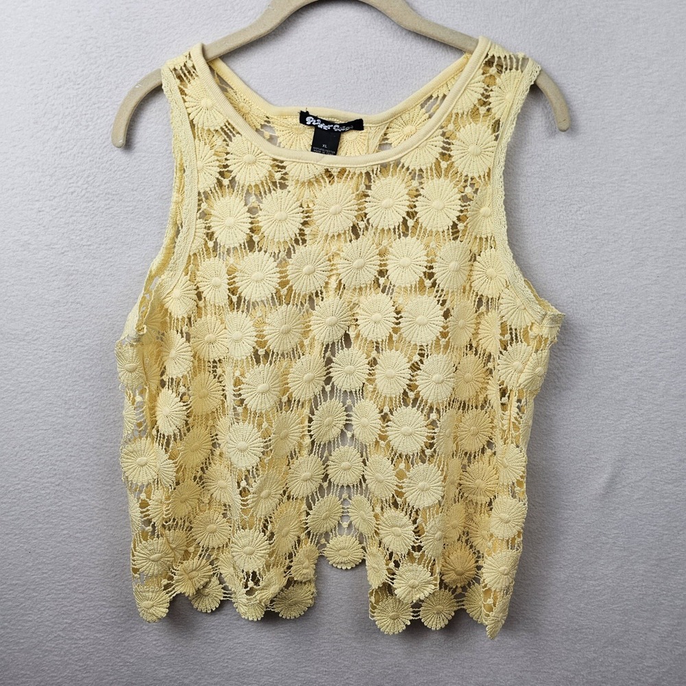Planet Gold Top Woman's Size XL Yellow Sleeveless Blouse Floral Lace Open Back